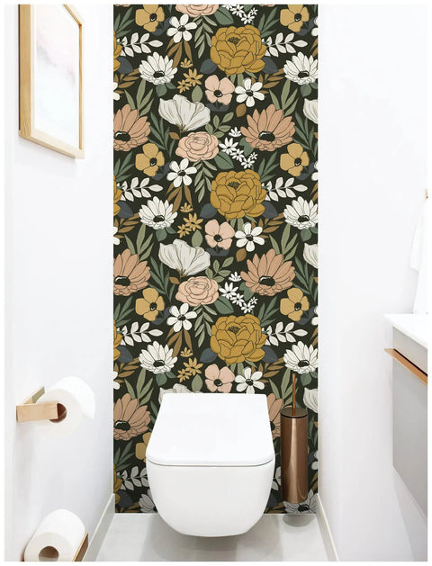 Vintage Floral Peel And Stick Wallpaper With Daisy Leaf Pattern In Black Sand And Olive Vinyl Self Adhesive Contact Paper For Walls 17.7 In By 9.8 Ft Removable Repositionable And Renter Friendly in bathroom decor