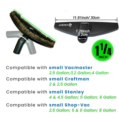 Horsehair Floor Attachment For Hard Surfaces And Tile With Vacuum Hose Adapter showing dimensions and compatibility