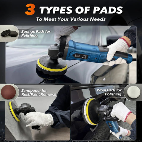 Powerful 1600W Buffer Polisher For Cars with detachable handle and 3 types of pads for polishing and scratch removal