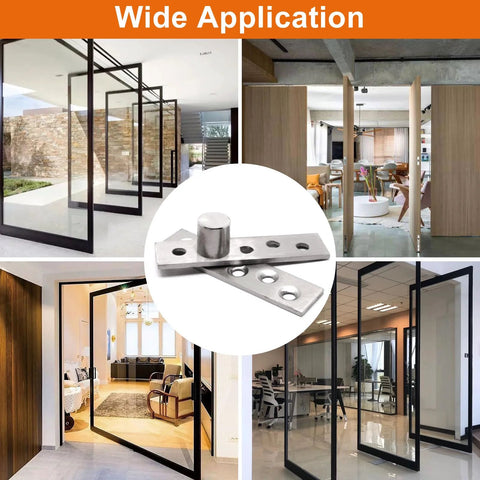 Hidden Door Pivot Hinges Set Stainless Steel 270 Degree Rotation, 2 Pack With Screws, shown in various door installations.
