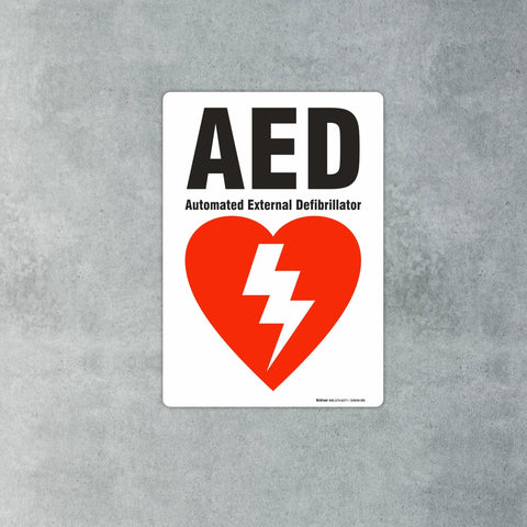 AED sign, 7x10 inches, white vinyl label with black AED text and red heart with white lightning bolt