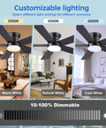Slick 48 Inch Matte Black Flush Mount Ceiling Fan With Light For Modern Indoors Dropping Real Clean Airflow Across Six Speeds And Tunable Three Color Dimmable Bulbs showing customizable lighting settings.