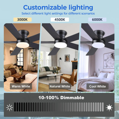 Slick 48 Inch Matte Black Flush Mount Ceiling Fan With Light For Modern Indoors Dropping Real Clean Airflow Across Six Speeds And Tunable Three Color Dimmable Bulbs showing customizable lighting settings.