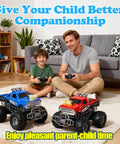 Father and child playing with red RC monster truck with realistic water based spray mist 2.4GHz remote.