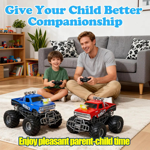Father and child playing with red RC monster truck with realistic water based spray mist 2.4GHz remote.