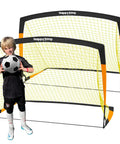 Kids Backyard Soccer Goal Net 5x3.6 Feet Two Set For Home Practice And Family Fun Weather Resistant And Easy Setup with child holding ball