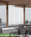 White Metal Privacy Screen With Stand Freestanding Outdoor Fence Panel 72 Inch High By 44 Inch Wide Floral Design on balcony