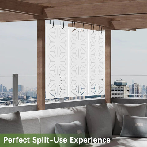 White Metal Privacy Screen With Stand Freestanding Outdoor Fence Panel 72 Inch High By 44 Inch Wide Floral Design on balcony