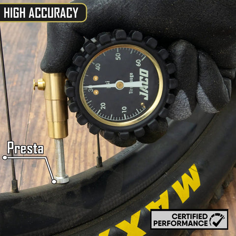 MBX 60 PSI Presta Tire Pressure Gauge for Bikes, Built for MTB and XC, Go To Portable with Shock Resistant Cover, ANSI B40.1 Calibrated for 1.5 Percent Accuracy, Trail Ready Gauge for Precise Mountain Bike Inflation on bike tire