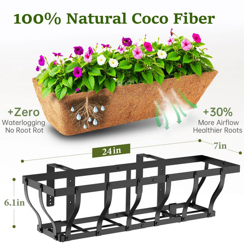 Heavy Duty Railing Planter Boxes For Balcony And Deck, Adjustable 24 Inch Window Box Planters With Coco Liner And Support Rod
