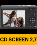 A Real Deal 16 Megapixel Digital Camera With 5X Optical Zoom That Knocks Out Crisp Pictures Plus 28mm Wide Angle Lens And 1080P Full HD Video Recording For Travel Vibes And Family Moments So You Can Vlog Life Updates Without Breaking The Bank displaying a 2.7-inch LCD screen featuring family photo.