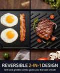 Reversible Cast Iron Grill And Griddle Pan 16.7 By 9.5 Inch Preseasoned Flat Top with cooked eggs, bacon, steak, tomatoes on grill