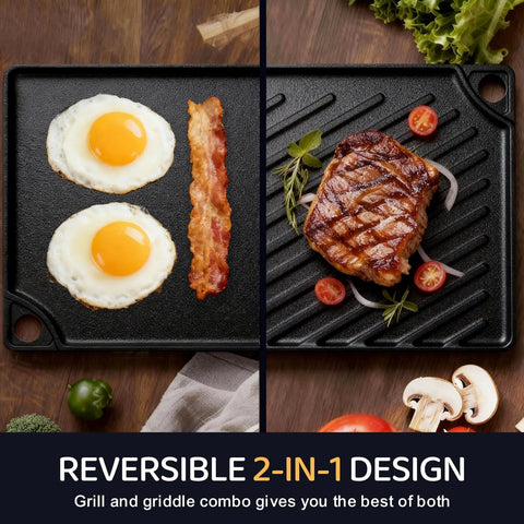 Reversible Cast Iron Grill And Griddle Pan 16.7 By 9.5 Inch Preseasoned Flat Top with cooked eggs, bacon, steak, tomatoes on grill