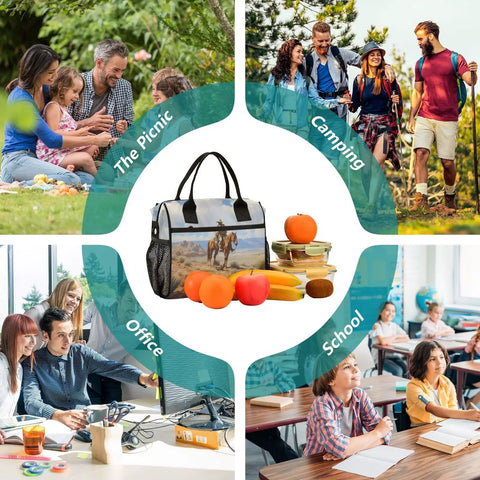 Desert Cowboy Themed Insulated Lunch Bag For Women Large Leakproof Cooler Tote displayed with picnic, camping, office, school settings