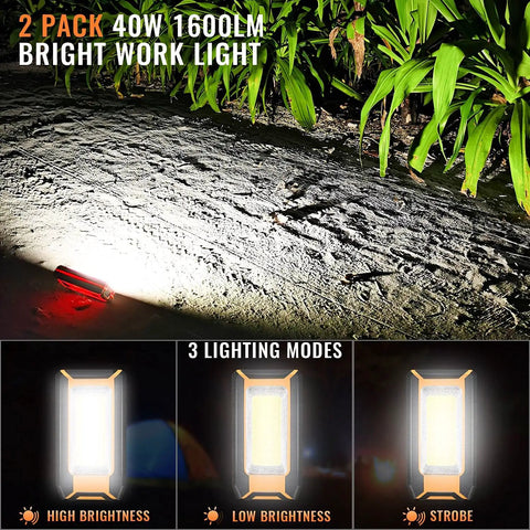 Two Pack 40W 1600LM LED Work Lights Beefy Bright With Rechargeable Battery Magnetic Flood Lights with 3 modes