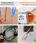 Comparison of traditional method with Lever Wire Connectors Kit 60 Piece Quick Connect Splicing for 28 12 AWG 1 In 1 Out Compact Inline Terminals.