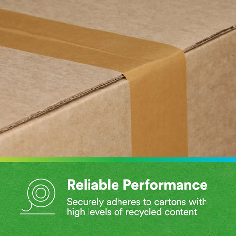Brown sealing tape on carton corner, text says: Reliable Performance, securely adheres to cartons, Game Changing Paper Box Sealing Tape 570 1.9 Inch By 55 Yard Brown Recycle Compatible For Packaging Shipping And Moving Ideal For Hand Or Automated Application.