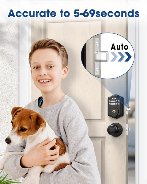 Boy with dog in front of door with Keyless Entry Door Lock Set For Home, Front Door Lock With Knob, Electronic Keypad Lock