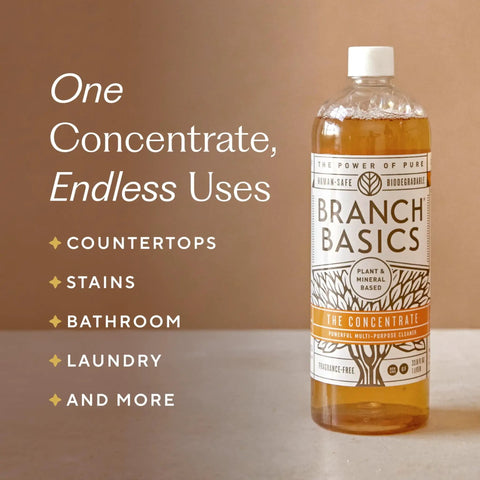 All In One Fragrance Free Home Cleaning Kit With Concentrate 33.8 Fl Oz All Purpose Cleaner bottle on table with list of uses