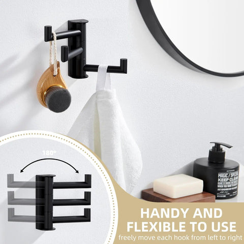 Super Slick Swivel Towel Hook With Three Turning Arms Matte Black Wall Mount Coat Rack displaying towel and wooden brush