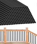 Heavy Duty Black Aluminum Deck Balusters 36 Inches High By 3/4 Inches Wide Pack Of 120 arranged with wooden staircase railing.