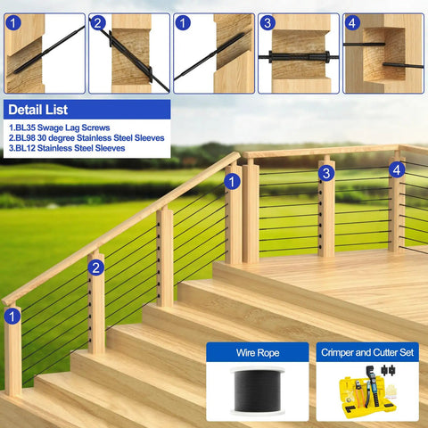 100 Pack One Eighth Inch Black Cable Railing Kit With Left And Right Swage Lag Screws For Wood Posts, deck installation process