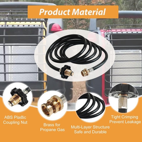 10 Foot Propane Adapter Hose For Buddy Series Heaters showing material details: ABS coupling nut, brass fittings, multi-layer structure.