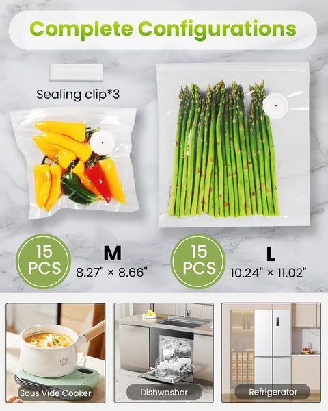 Compact Handheld Vacuum Sealer For Food With Visible Water Tank And 30 Reusable Bags shown with sealed peppers and asparagus