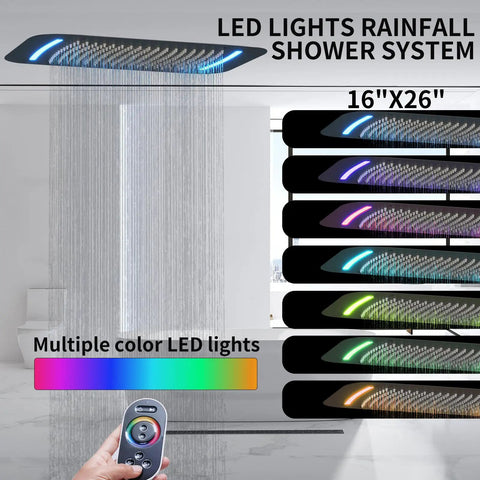 WHSHOWER Matte Black Thermostatic Shower System with Body Jets Shower Set 16x26 inches LED rainfall shower head