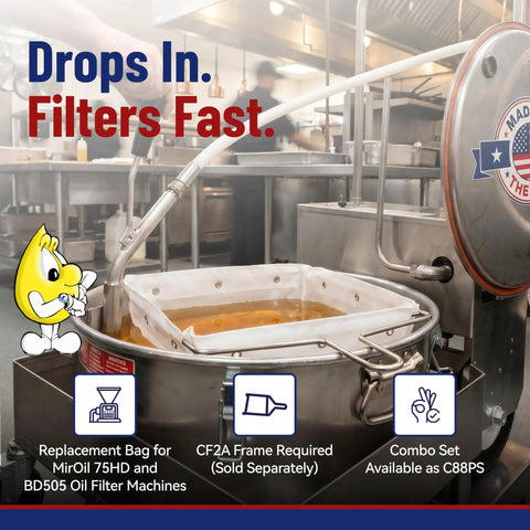 Built Tough Reusable Deep Fryer Filter Bag Slays Heavy Grease And Fine Crumbs Smooth Sixty Quart Operation for MirOil machines.
