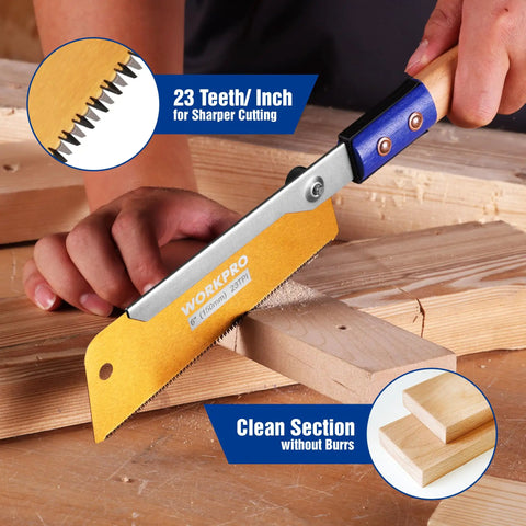 Heavy Duty Japanese Pull Saw For Fine Woodworking 6 Inch Dovetail Blade With 23 TPI SK5 Steel cuts wood with smooth precision.