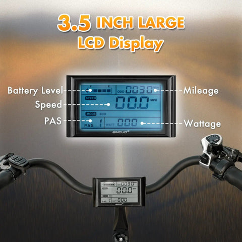 3.5 inch large LCD display showcasing battery level, speed, mileage, and wattage on No Fuss Low Step Through Electric Tricycle For Adults.