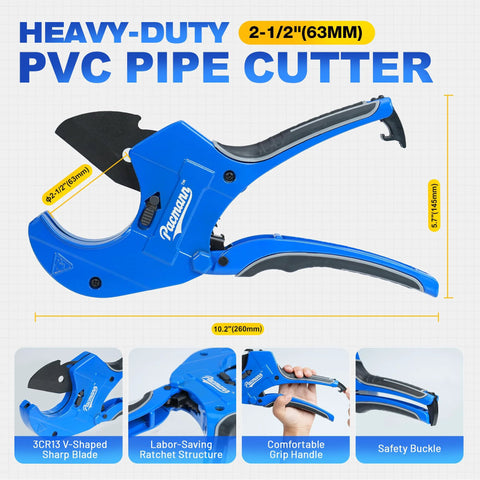 Pacmann PVC pipe cutter, blue heavy-duty ratchet tool for up to 2-1/2 in piping, front view
Pacmann PVC pipe cutter side view, blue body with black ergonomic grip
Pacmann pipe cutter blade close-up showing 3CR13 V-shaped blade
Pacmann pipe cutter in use with hands gripping the blue tool and safety buckle visible
