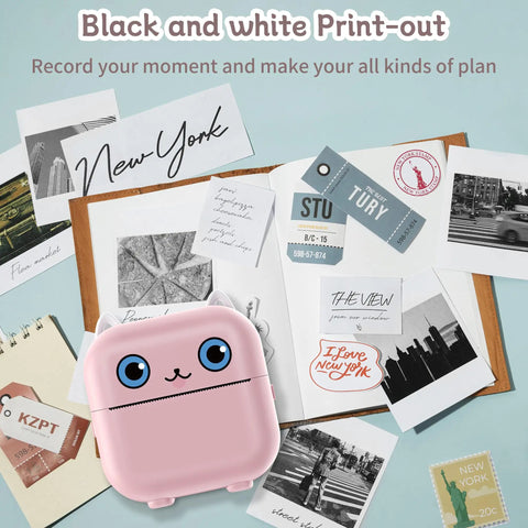 Dope Mini Sticker Printer And Portable Bluetooth Inkless Thermal Photo Maker With Pink Cat Design on a collage of printouts.
