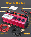 Heavy Duty 1000W Car Power Inverter That Converts 12V DC To 110V AC Smoothly with included accessories and dimensions.
