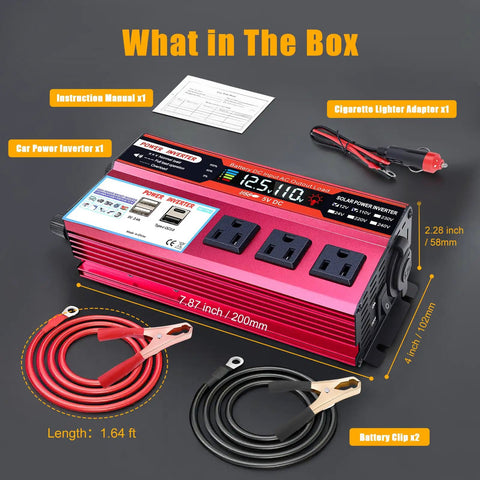 Heavy Duty 1000W Car Power Inverter That Converts 12V DC To 110V AC Smoothly with included accessories and dimensions.