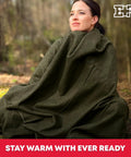 Woman wrapped in Olive Drab Green Fire Retardant Wool Blanket 66 By 90 Inch Beefy Heavy Duty Military Style 80 Percent Wool 2 Pack