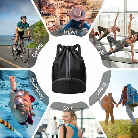 Collage showing Waterproof Drawstring Gym Bag With Shoes Compartment And Wet Pocket Sports Backpack amidst various activities