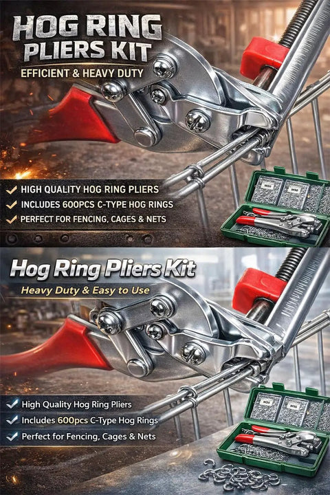Heavy Duty Hog Ring Pliers Kit With 600 Galvanized Hog Rings - Workhorse Manganese Steel Tool for fencing and repairs, red finish