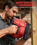 Heavy Duty 18 Gauge Cordless Brad Nailer And 2 Inch Electric Stapler Works With Milwaukee 18 V Battery held by a person for trim work.