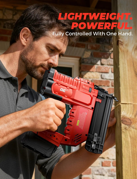 Heavy Duty 18 Gauge Cordless Brad Nailer And 2 Inch Electric Stapler Works With Milwaukee 18 V Battery held by a person for trim work.
