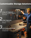 Man using 60 Inch Adjustable Height Work Bench With Storage Shelf And Pegboard LED Light And Built In Power Strip For Woodworking Shop Garage And Home Heavy Duty Rubberwood Top Supporting Up To 2000 Lbs in workshop.