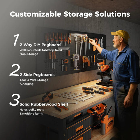 Man using 60 Inch Adjustable Height Work Bench With Storage Shelf And Pegboard LED Light And Built In Power Strip For Woodworking Shop Garage And Home Heavy Duty Rubberwood Top Supporting Up To 2000 Lbs in workshop.