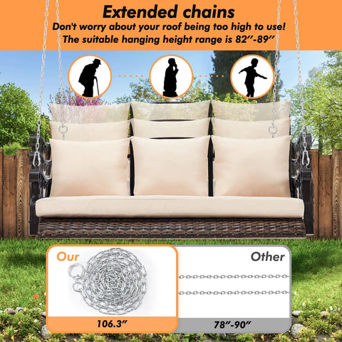 Three Person Wicker Porch Swing With Cup Holder, Built Tough Outdoor Rattan Patio Swing Chair, extended chain length display