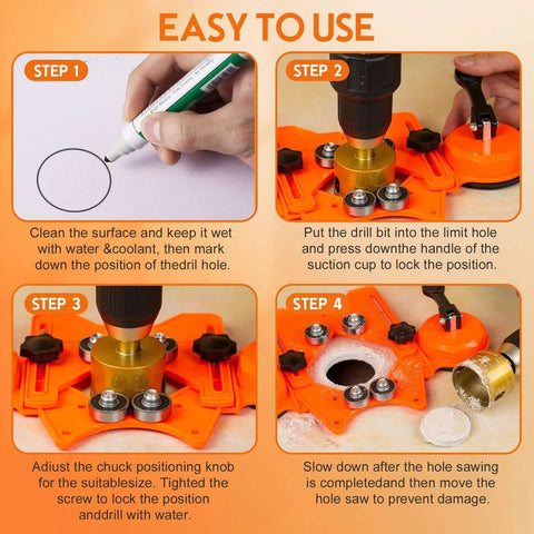 THINKWORK 12-piece diamond drill bit kit with orange suction-guide jig for tile, glass, ceramic; front view.