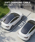 Two Tesla cars charging with a Tesla Compatible Level 2 EV Charger With 40A Adjustable Current 240V Portable Home Charger With 21 Ft Cable NEMA 14-50P Plug LCD Display NACS Connector For Model Y X 3 S. The cable is shown extending across the driveway, highlighting its 21 ft length. The charger is mounted on the garage wall.