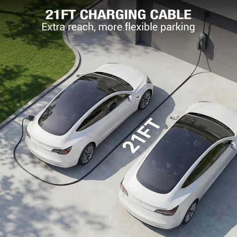 Two Tesla cars charging with a Tesla Compatible Level 2 EV Charger With 40A Adjustable Current 240V Portable Home Charger With 21 Ft Cable NEMA 14-50P Plug LCD Display NACS Connector For Model Y X 3 S. The cable is shown extending across the driveway, highlighting its 21 ft length. The charger is mounted on the garage wall.