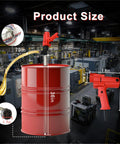 No Sweat 1980W Electric Fuel Transfer Pump For 55 Gallon Drums showing dimensions with 36 inch tube on red drum.