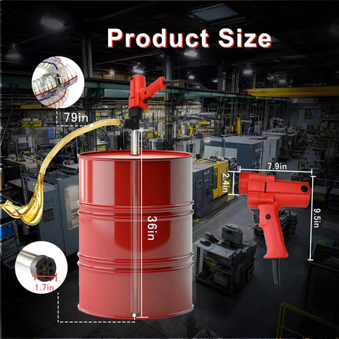 No Sweat 1980W Electric Fuel Transfer Pump For 55 Gallon Drums showing dimensions with 36 inch tube on red drum.