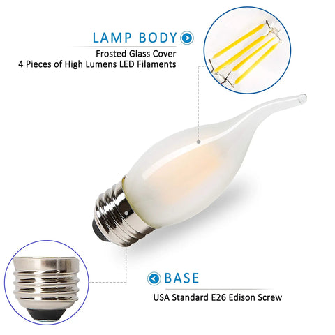 LED Filament Chandelier Bulbs 40 Watt Equivalent Frosted Glass Dimmable E26 Candle Light 2700K Warm Glow
